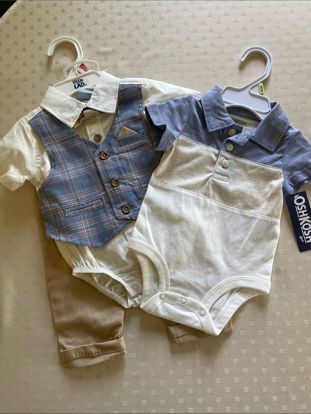 NWT OshKosh Blue & Cream Polo Bodysuit + Little Lad Plaid Vest Set 0-3 months